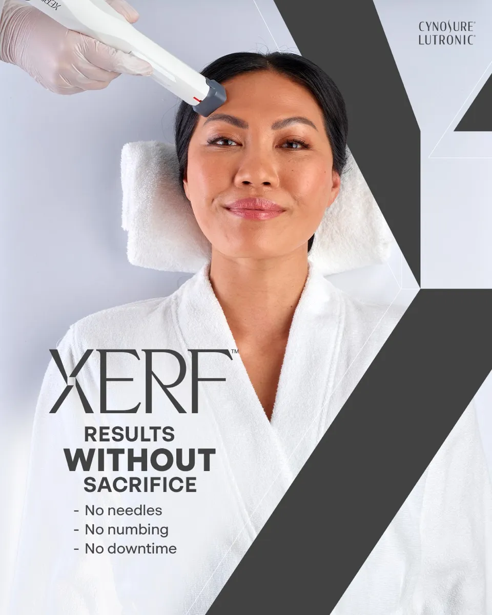 Patient featured in XERF structural skin tightening marketing imagery.
